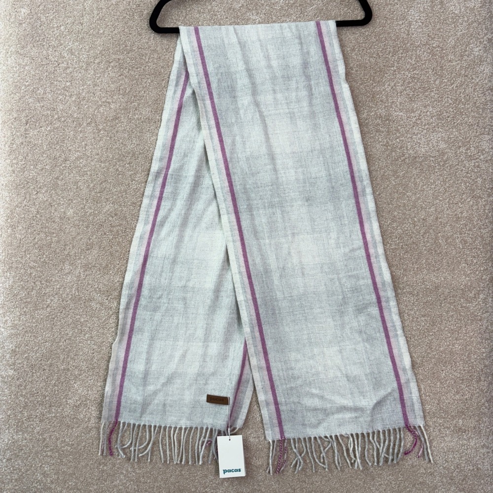 NWT PACAS Scarf 100% Baby Alpaca Wool Fringe Grey Purple Striped Peru